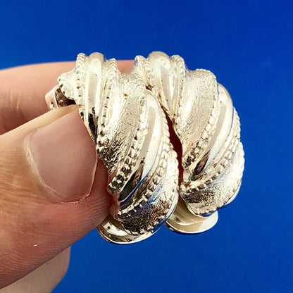 Classic Silver Tone Polished Textured Beaded Twist Half Hoop Clip Earrings