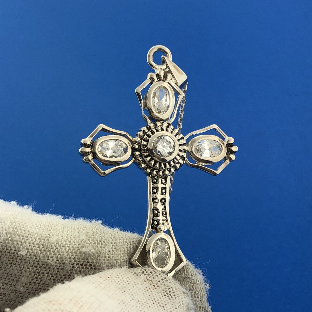 Designer Sterling Silver 925 Cubic Zirconia Religious Cross Statement Necklace