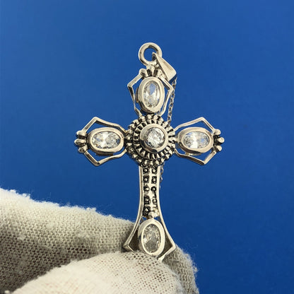 Designer Sterling Silver 925 Cubic Zirconia Religious Cross Statement Necklace