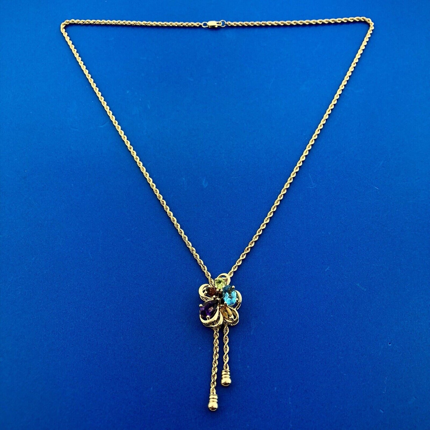 Vintage 14K Yellow Gold Multi Gemstone Flower Cluster Lariat Style Y Necklace