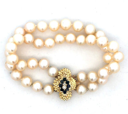 Estate 14K Yellow Gold Sapphire Diamond Pearl Double Strand Beaded Bracelet