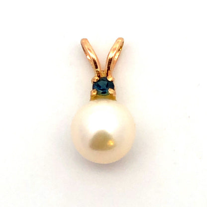 Designer 14K Yellow Gold Pearl Blue Sapphire Accent Drop Charm Pendant