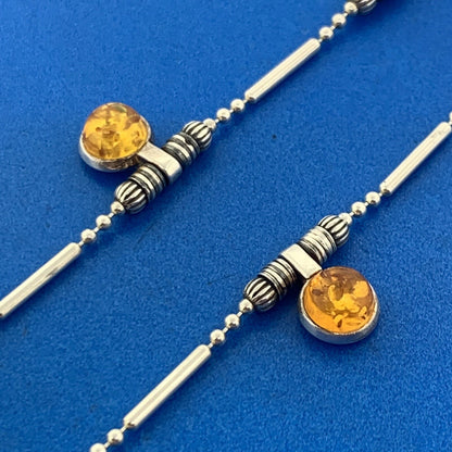 925 Sterling Silver Amber Cabochon Station Necklace