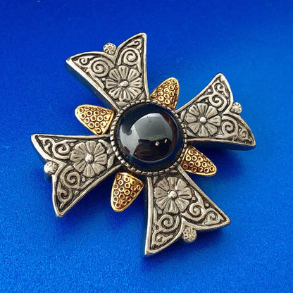 HMR CMA Gold Silver Tone Black Hematite Floral Scroll Maltese Cross Pin Pendant