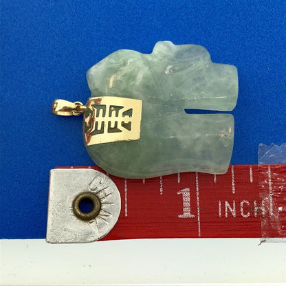 Vintage 14K Yellow Gold Carved Jade Jadeite Elephant Long Life Good Luck Pendant