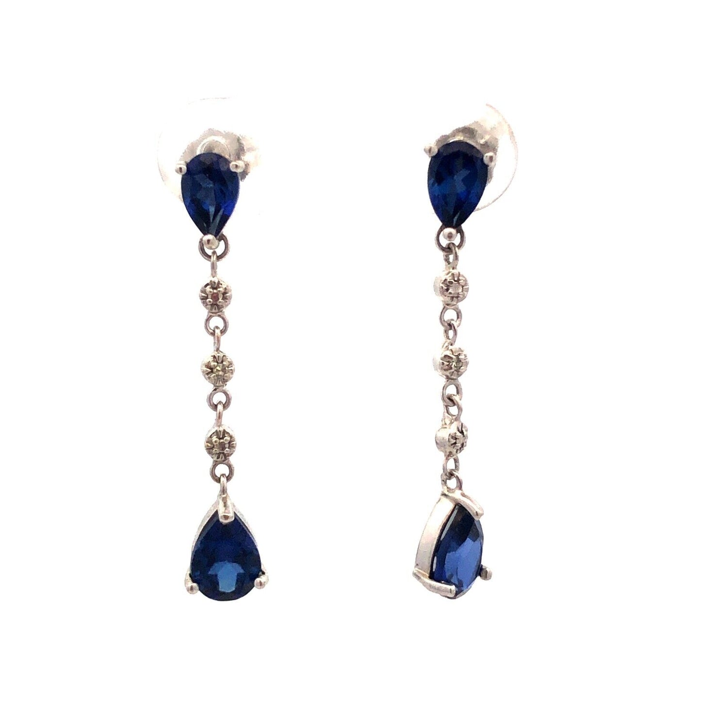 Designer 10K White Gold Pear Cut Blue Sapphire Diamond Drop Dangle Stud Earrings