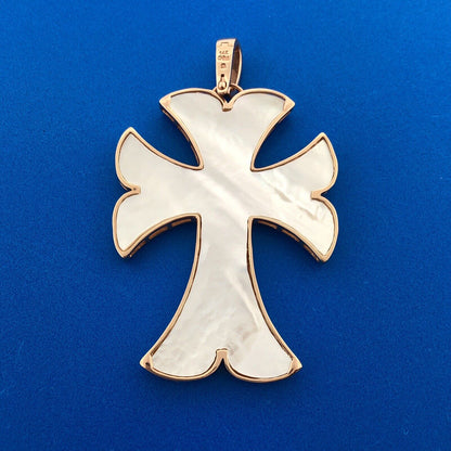 14k Yellow Gold Diamond Ruby Mother of Pearl Reversible Cross Enhancer Pendant