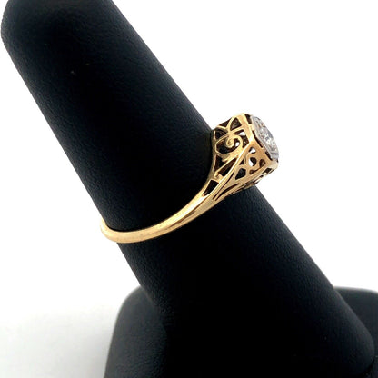 Vintage  14K Yellow Gold Round Diamond Solitaire Art Deco Engagement Ring