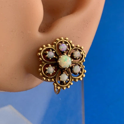 Vintage 14K Yellow Gold Opal Flower Cluster Screw Back Earrings