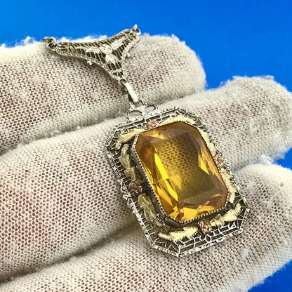 Italy 925 Sterling Silver 14K Yellow Gold Lemon Quartz Filigree Floral Necklace