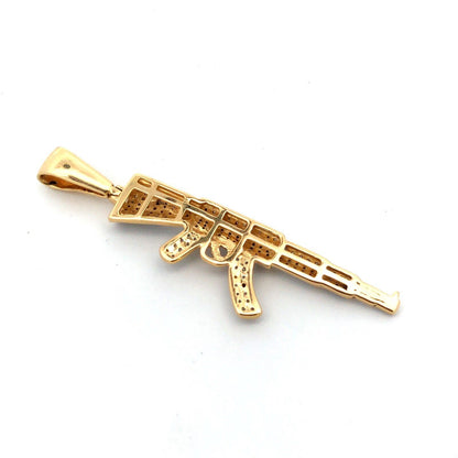 14K Yellow Gold Pave Diamond Rifle Machine Gun Firearm Statement Pendant