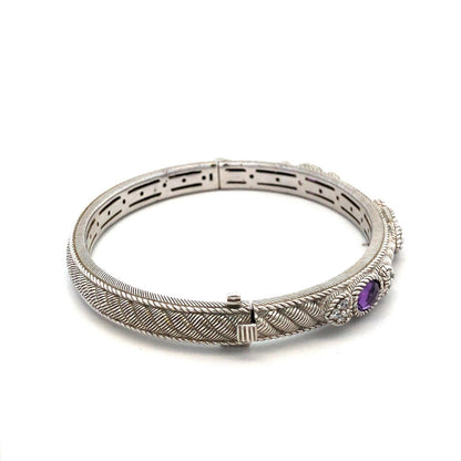 Judith Ripka 925 Sterling Silver Amethyst CZ Romance Hinged Bangle Bracelet