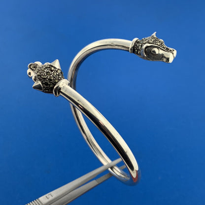 Art Deco Sterling Silver Marcasite Double Devil Dog Head Bypass Cuff Bracelet