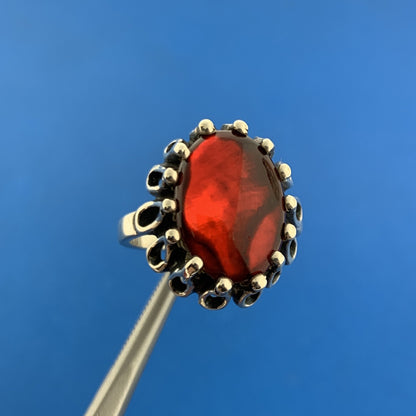 Vintage Kabana 925 Sterling Silver Red Mother Of Pearl Doublet Bead Scroll Ring