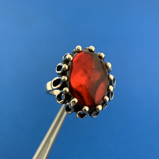 Vintage Kabana 925 Sterling Silver Red Mother Of Pearl Doublet Bead Scroll Ring