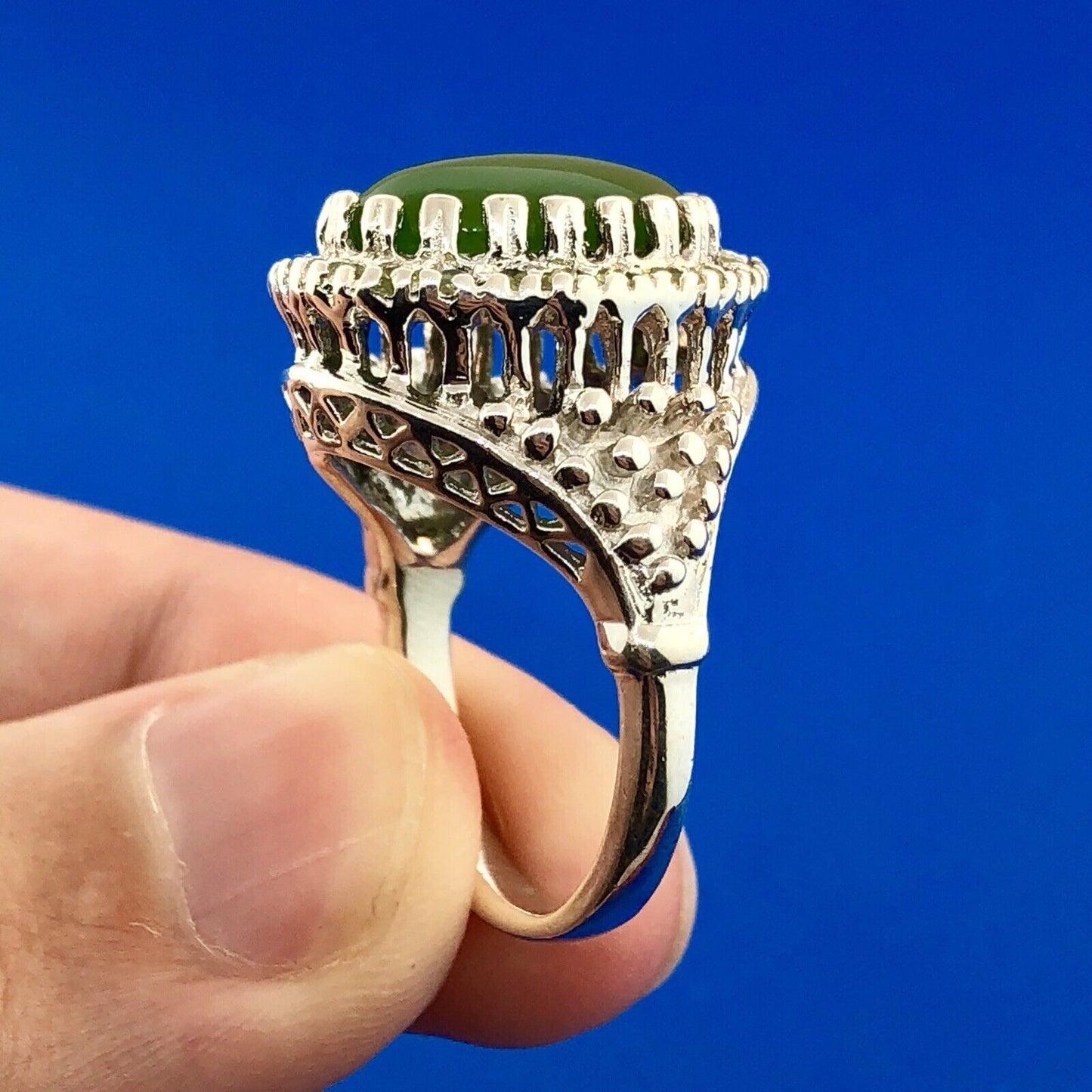 Retro 925 Sterling Silver Jade Jadeite Diamond Empire Statement Cocktail Ring