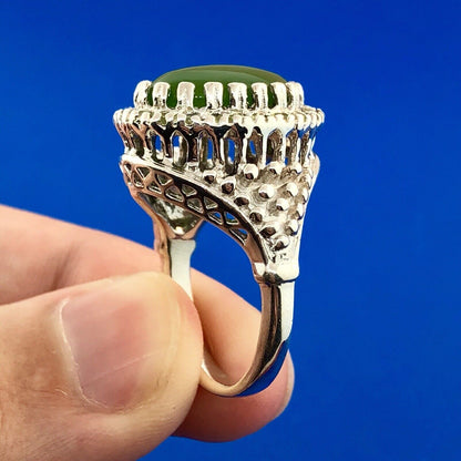 Retro 925 Sterling Silver Jade Jadeite Diamond Empire Statement Cocktail Ring