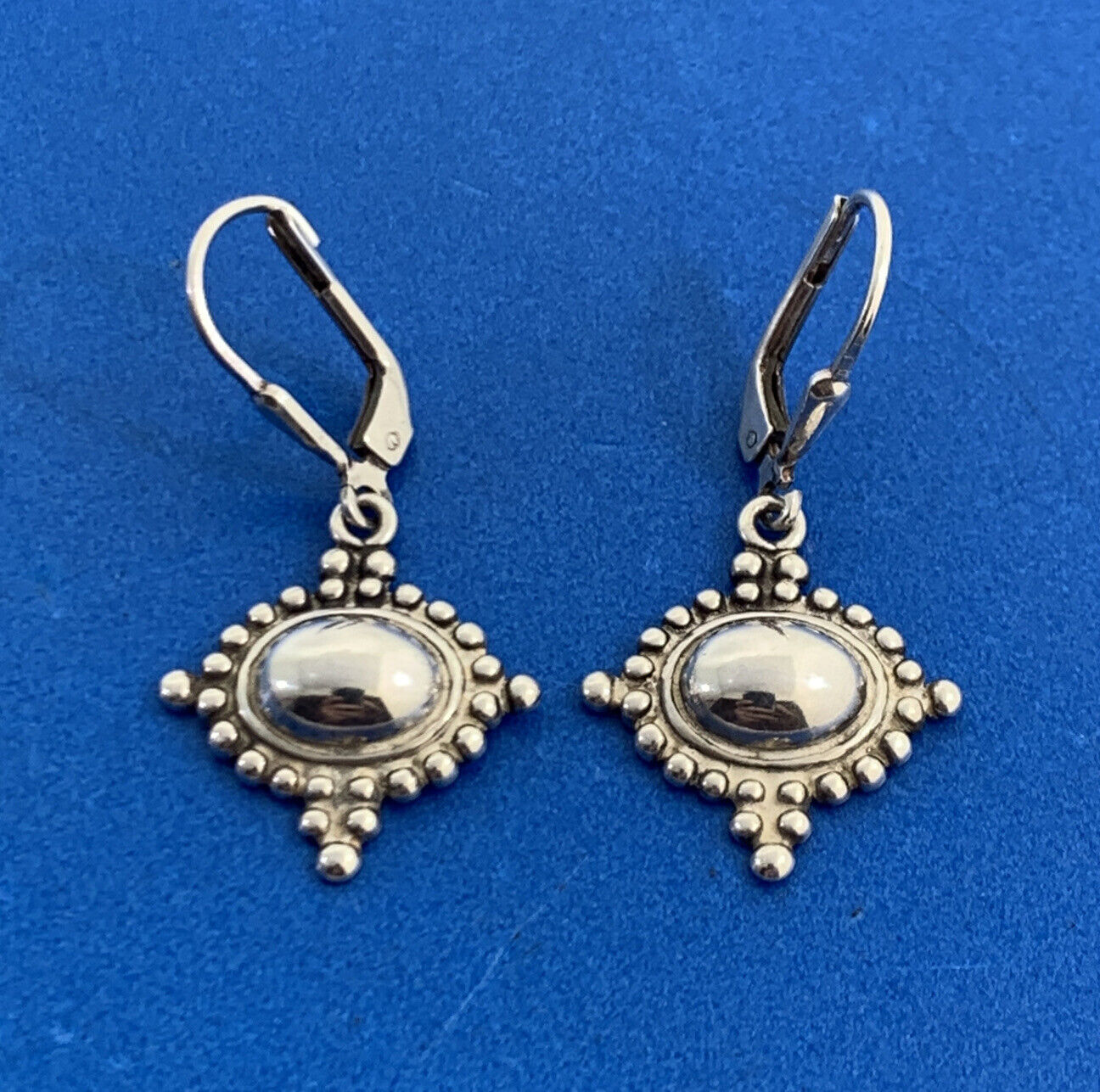 Designer Vintage 925 Sterling Silver Bead Work Lever Back Dangle Drop Earrings