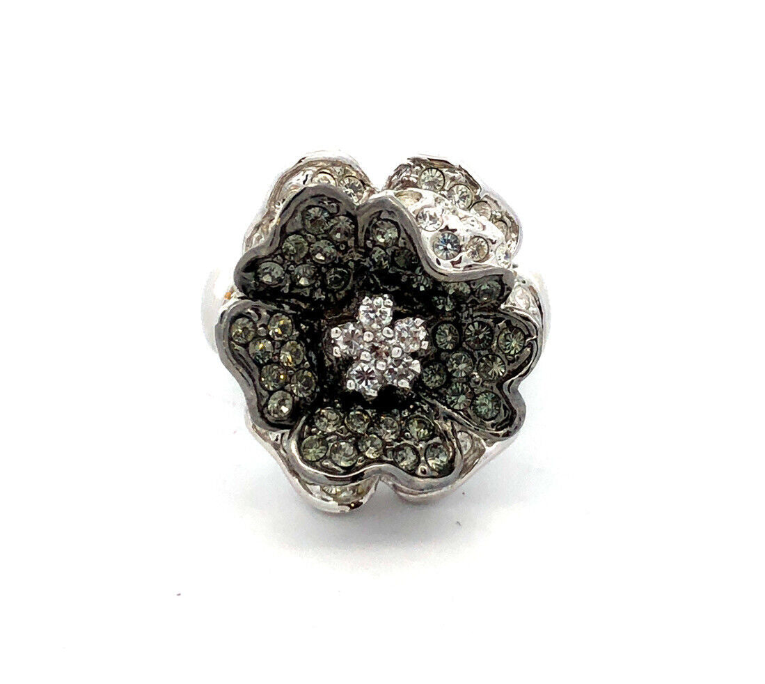 Designer Nolan Miller Silver Tone Pave Cubic Zirconia Black White Flower Ring