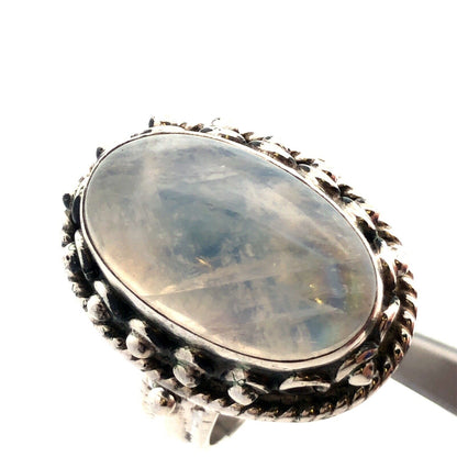 Vintage 925 Sterling Silver Oval Cabochon Rainbow Moonstone Statement Dome Ring