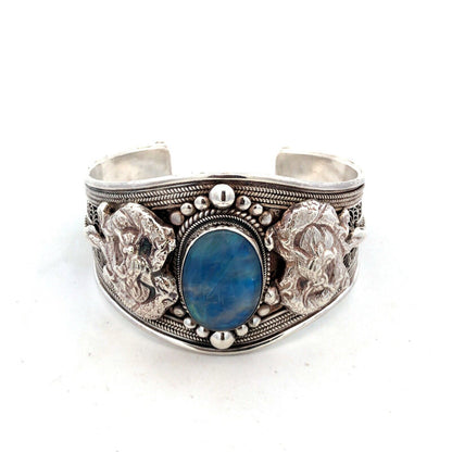 925 Sterling Silver Blue Opal Dragon Filigree Detailed Wide Cuff Bracelet
