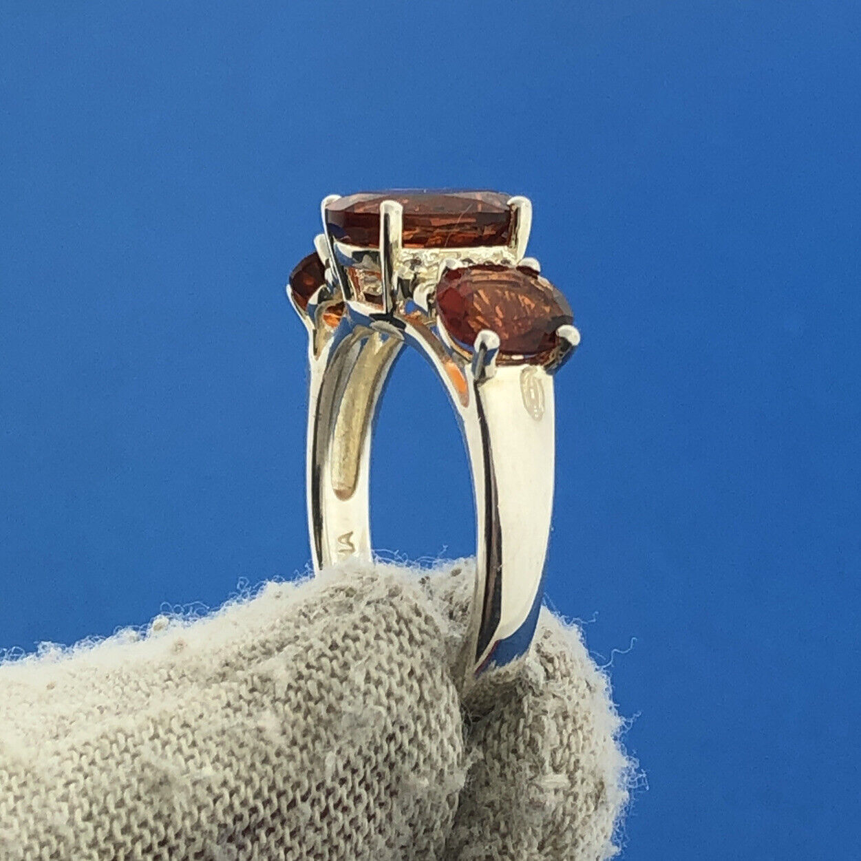 Designer Sterling Silver 925 Orange Citrine Quartz Oval Trio Cocktail Ring