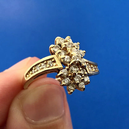 Vintage 14K Yellow Gold Diamond Waterfall Flower Cluster Statement Cocktail Ring