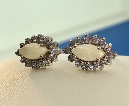 Designer 14K White Gold Marquise Opal Tanzanite Halo October Stud Earrings