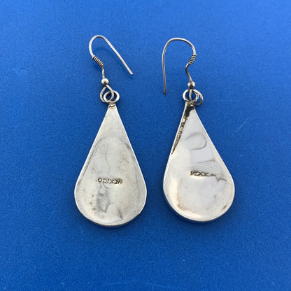Retro Mexico Alpaca Faux Silver Black Enamel Abalone Inlay Drop Dangle Earrings
