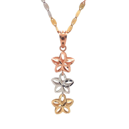Retro Italy 14K White Yellow Rose Gold Three Star Diamond Cut Pendant Necklace