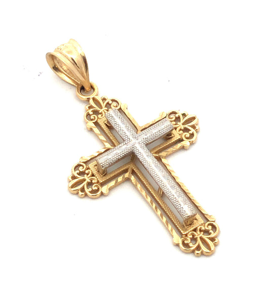 Designer CJ 14K Yellow White Gold Two Tone Filigree Textured Cross Pendant