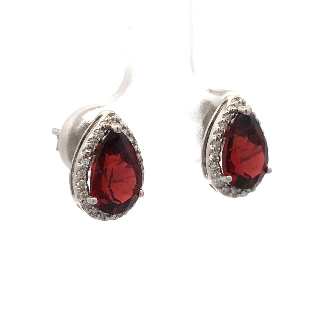 Designer 14K White Gold Pear Garnet Diamond Halo Statement Stud Earrings
