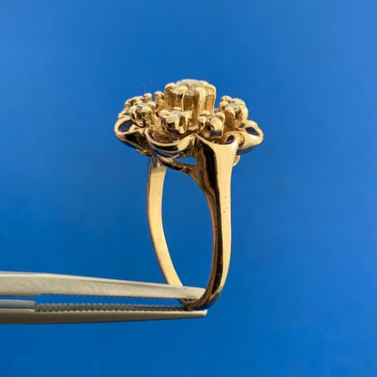 Vintage 14K Yellow Gold Diamond Cluster Blue Enamel Flower Cocktail Ring