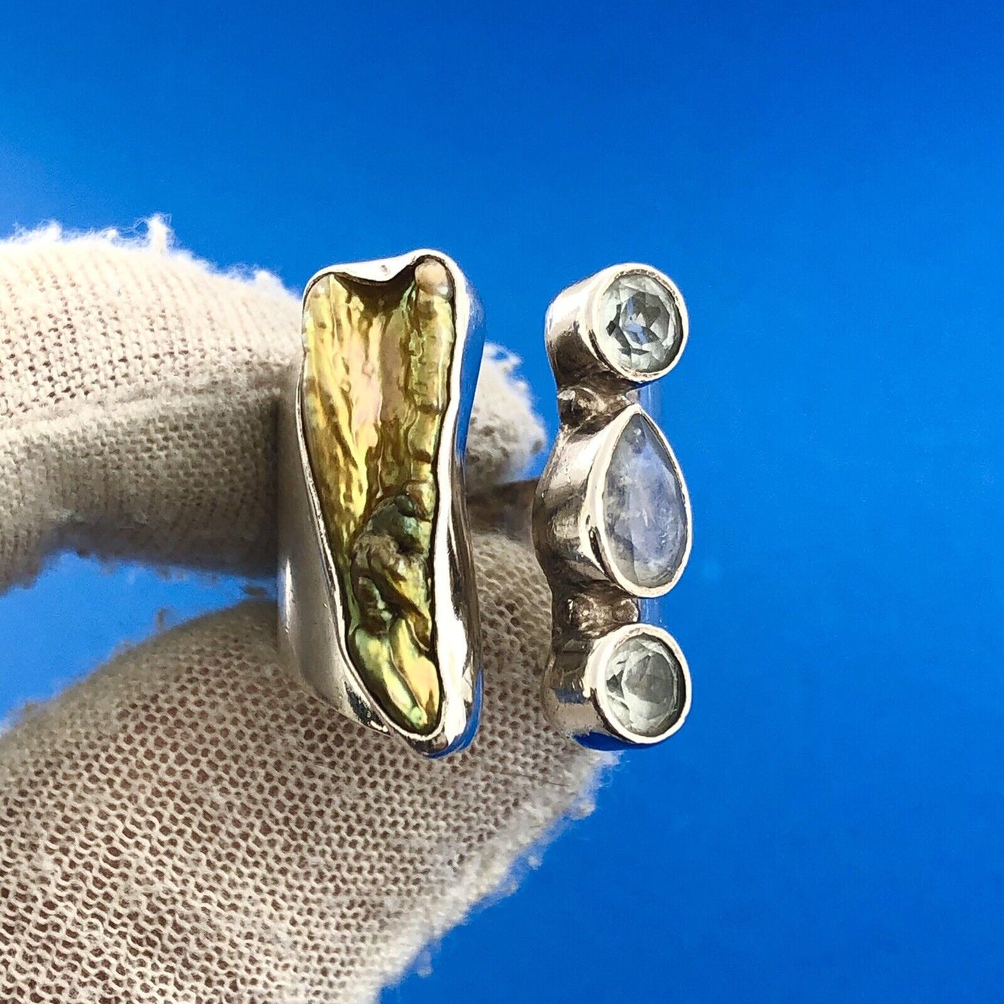 Stunning Sterling Silver 925 Abalone Shell Blue Topaz Moonstone Ring Size 7.5-9