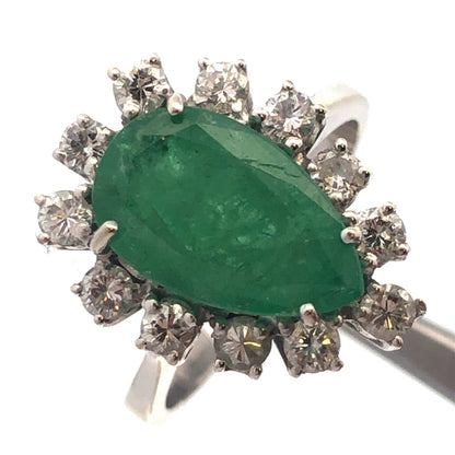 Vintage 18K White Gold Pear Natural Emerald Diamond Halo May Cocktail Ring