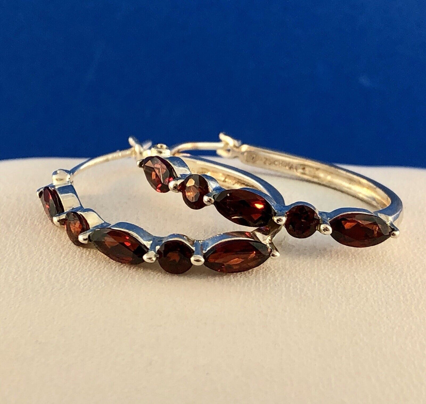 Designer Sterling Silver 925 Garnet January Anniversary Occasion Hoop Earrings