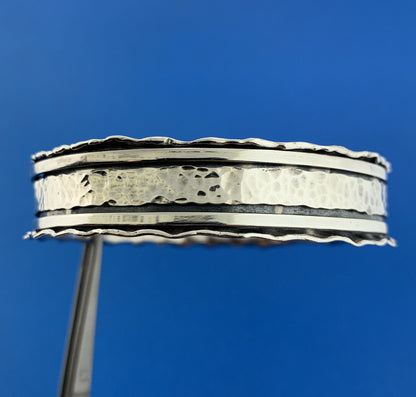 Retro Modernist Artisan 925 Sterling Silver Hammered 3D Spinner Bangle Bracelet