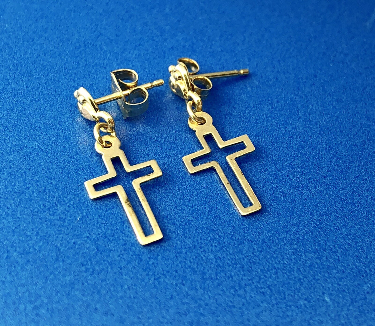 Retro 14K Yellow Gold Cross Cutout Religious Communion Dangle Stud Earrings