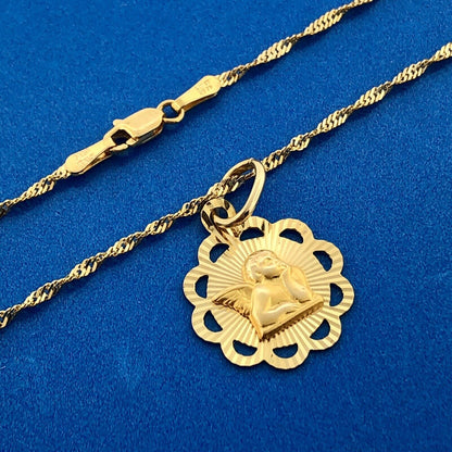 Designer Milor Italy 14K Yellow Gold Guardian Angel Sunburst Disc Necklace
