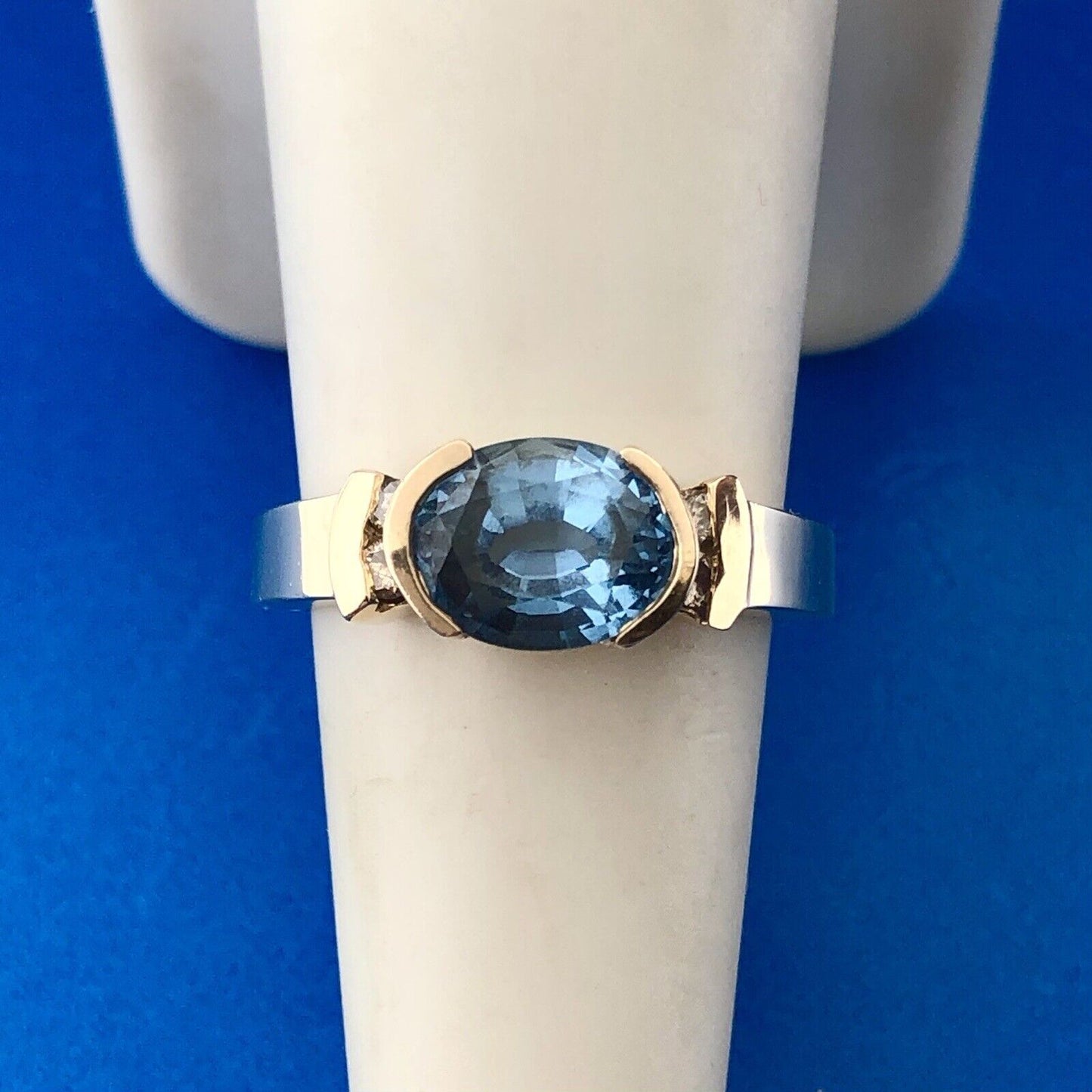 Estate Designer 14K Yellow Gold Oval Blue Topaz Diamond Accented Cocktail Ring