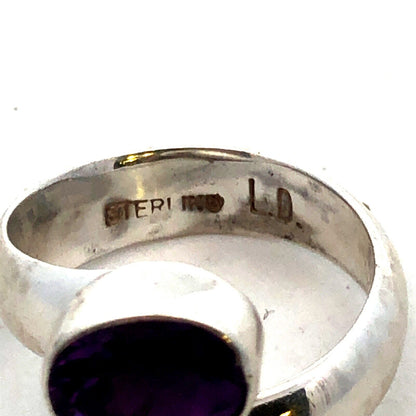 Designer LD 925 Sterling Silver Oval Purple Amethyst Pearl Bypass Ring