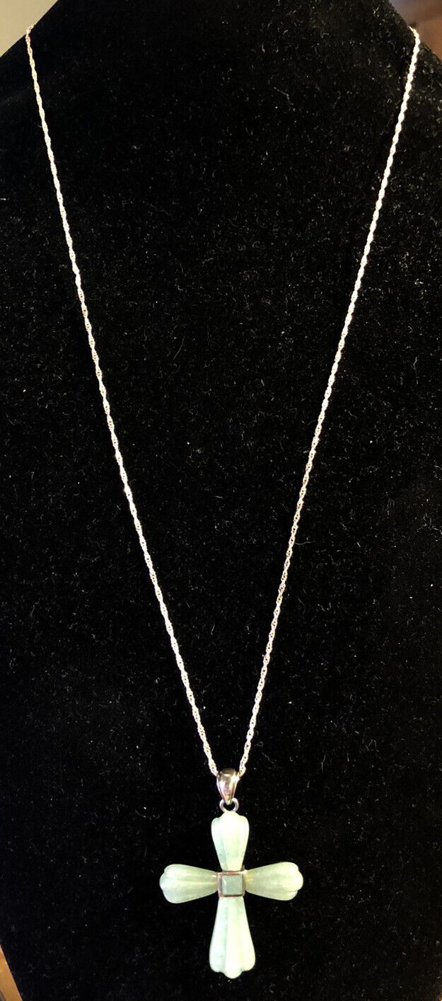 Designer 925 Sterling Silver Carved Jade Cross Statement Pendant Necklace