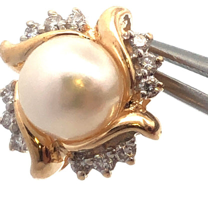 Designer 14K Yellow Gold Pearl Diamond Halo Statement Stud Earrings