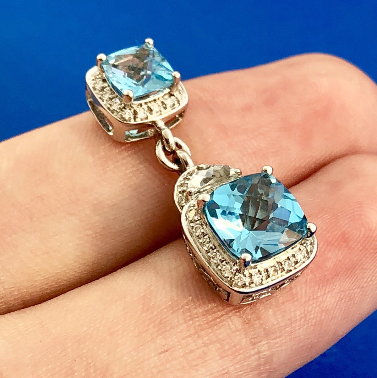 Stunning 14K White Gold Blue Topaz Diamond Aquamarine Accent Double Drop Pendant