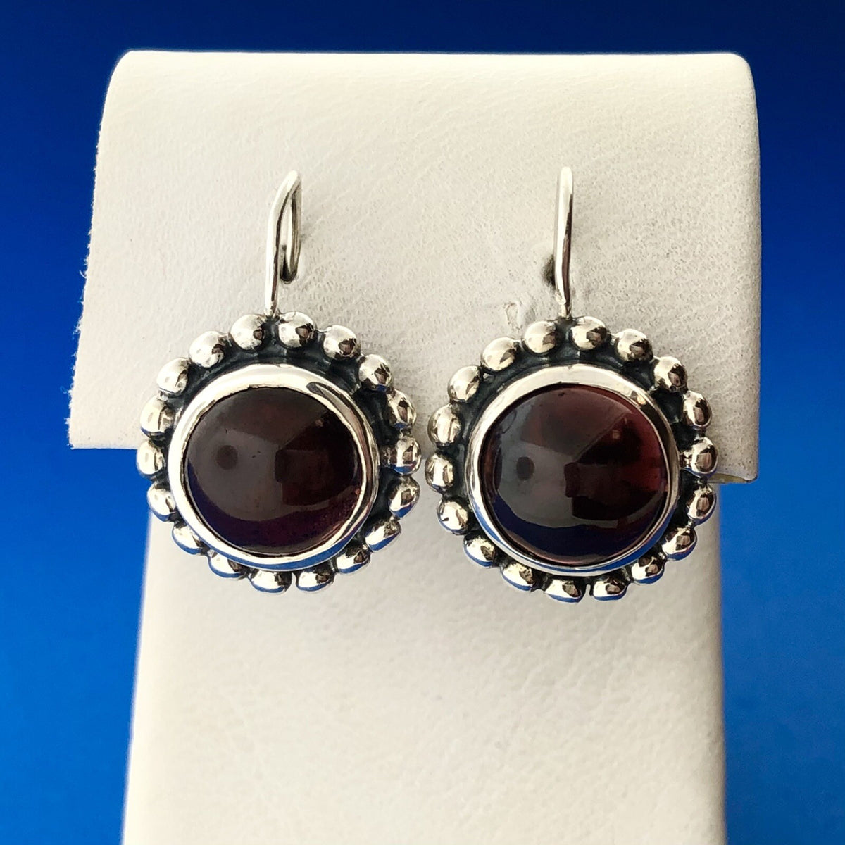 Modernist Sterling Silver Garnet Cabochon Beaded Halo January Occasion Earrings