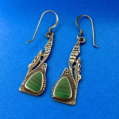 Estate Sterling Silver Malachite Trilliant Feather Wings Motif Dangle Earrings