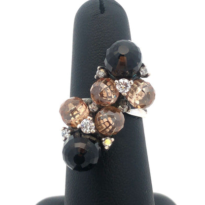 Vintage 925 Sterling Silver Faceted Brown White Cubic Zirconia Ball Cluster Ring