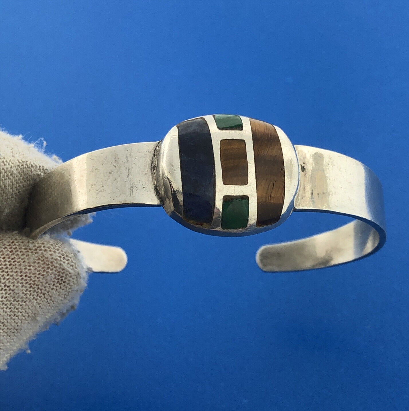 Sterling Silver 925 Tiger's Eye Lapis Malachite Native American 6" Cuff Bracelet