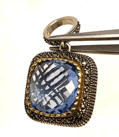 Designer 925 Sterling Silver Cushion Tanzanite Marcasite Two-Tone Square Pendant