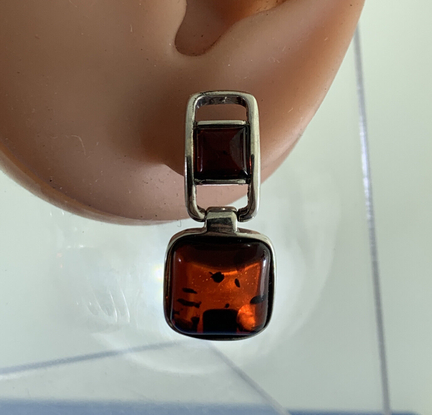 Modernist 925 Sterling Silver Garnet Cabochon Statement Dangle Stud Earrings